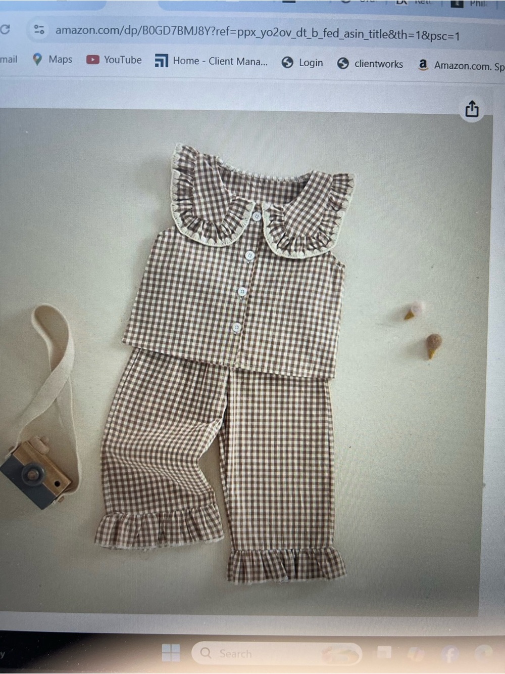 Children's Brown Gingham Set with Ruffle Collar